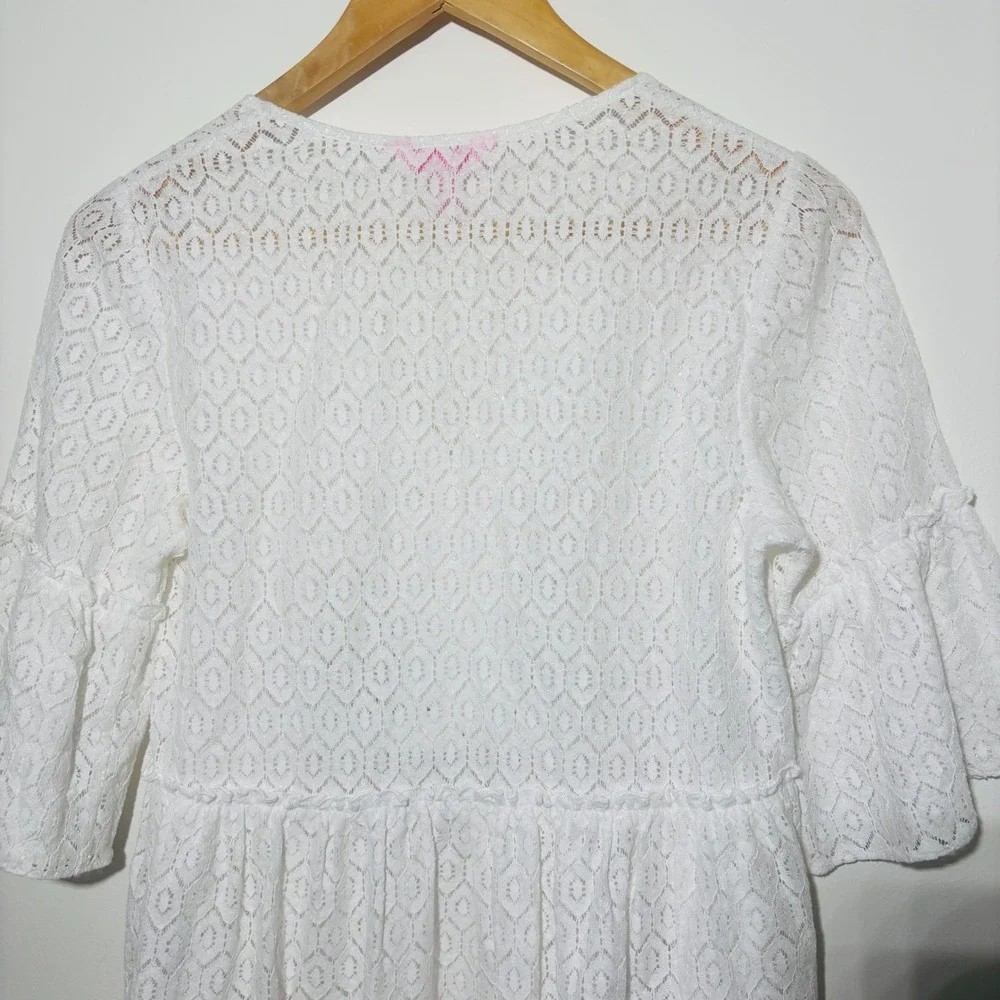 Lilly Pulitzer White Diamond Geo Lace Inez Eyelet Peplum Boho Blouse Top Sz XXS